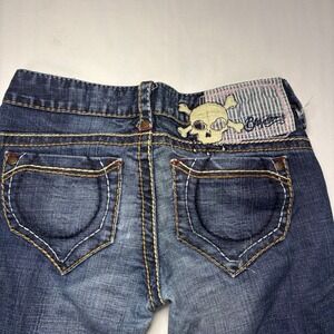 Blue Tattoo Jeans Womens 26 Embroidered Low Rise Bootcut Skull Pirate Fits 27x32